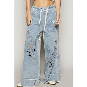 POL Boho Cutout Detail Wide Leg Jeans